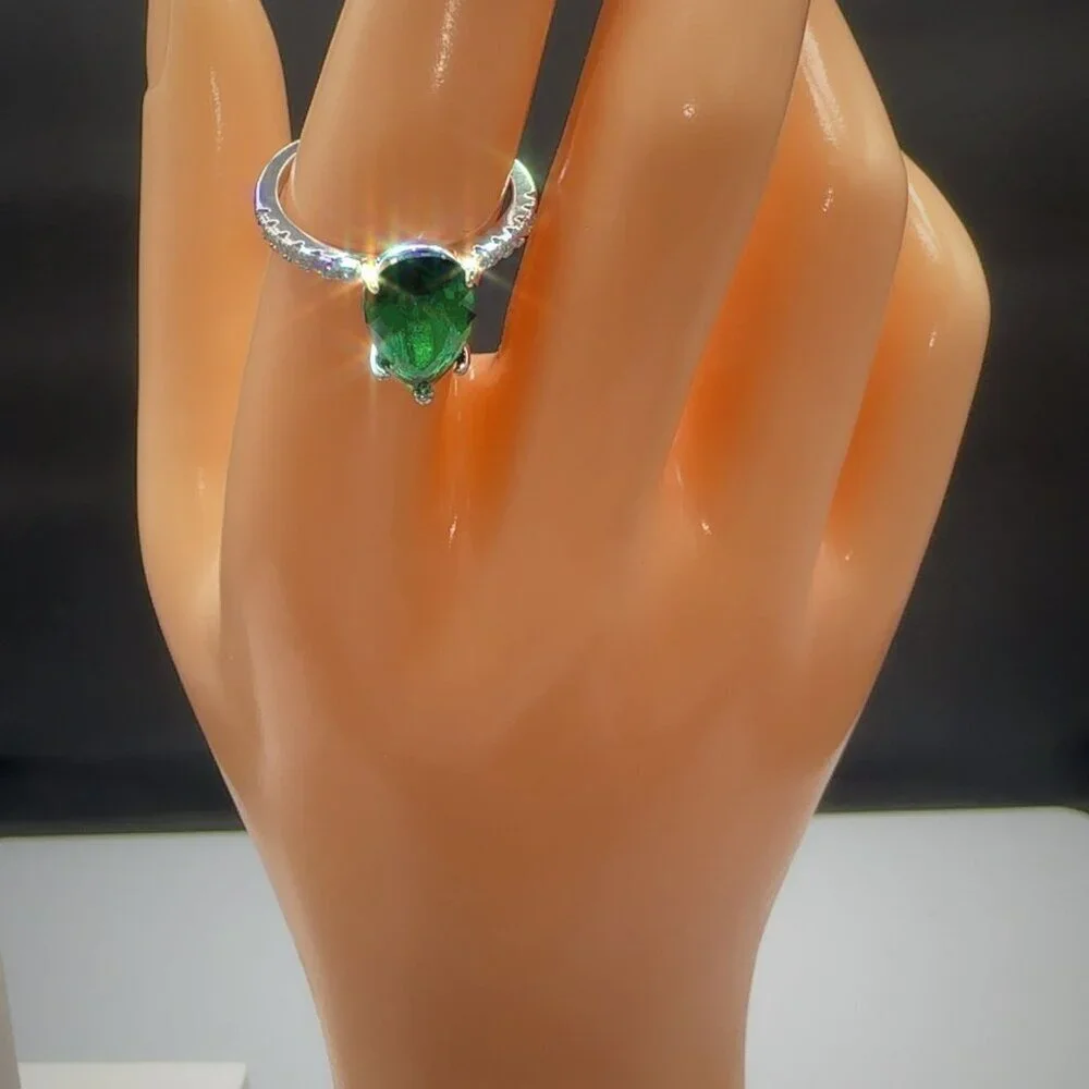 Sterling Silver Ring With Pear-Cut Green Gemstone & Pave Accent Stones
